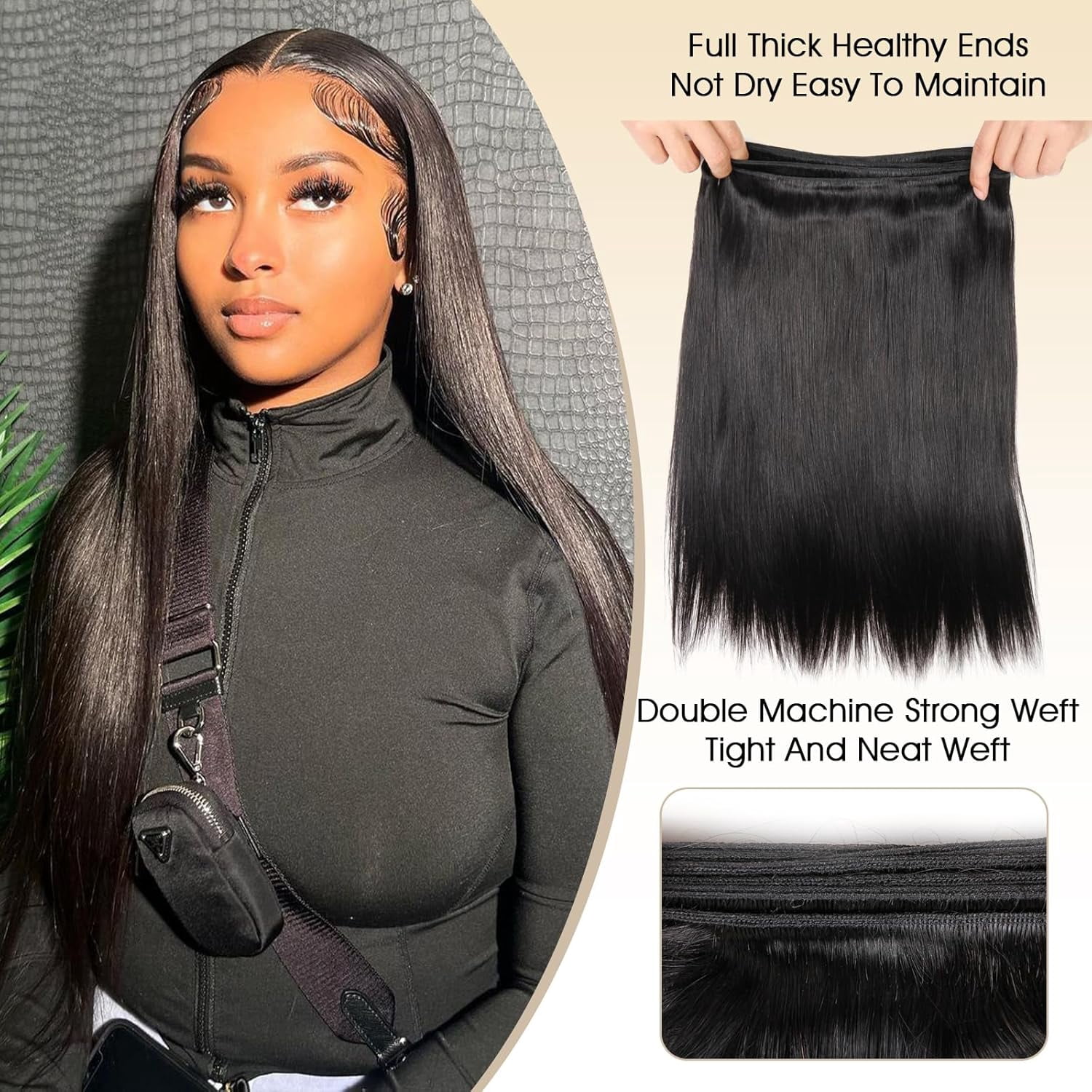Human Hair 3*Bundles with 4x4 HD Lace Closure Straight34 36 38+24 Inch Brazilian Hair 16A Extensions with Pre Plucked Baby Hair Natural Black Color