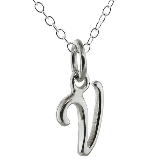Sterling Silver Tiny Initial Letter V Charm Necklace, 18" Chain, Cursive Handwriting
