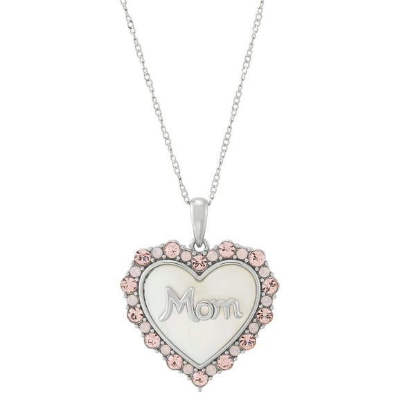 Brilliance Fine Jewelry Mother of Pearl Crystal Mom Heart Pendant in Sterling Silver