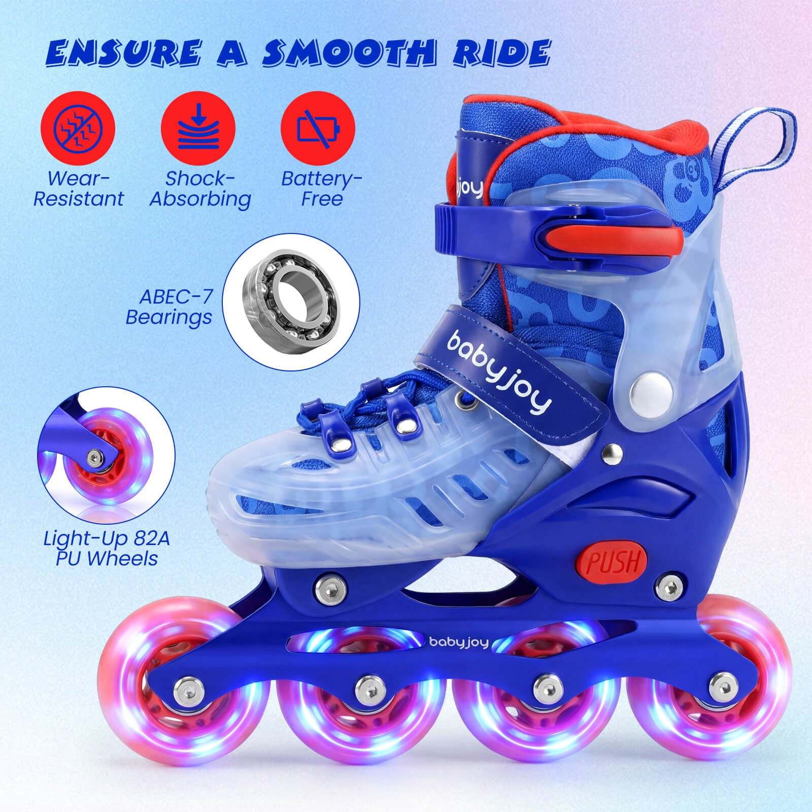 Babyjoy Kids Inline Skates for Boys Girls, 4-Size Adjustable Illuminating Roller Skates Blue