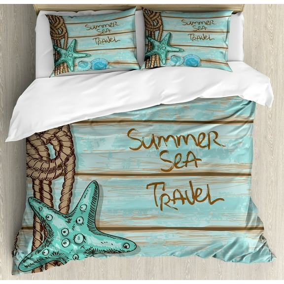 Ambesonne Starfish Duvet Cover Set, Summer Travel, Calking, Mint Green Turquoise