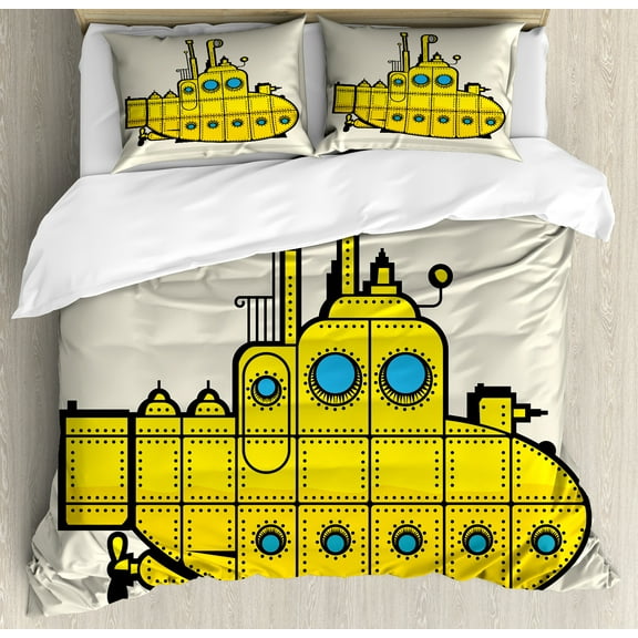 Ambesonne Yellow Submarine Duvet Cover Set, Grunge Style, King, Grey Yellow Blue