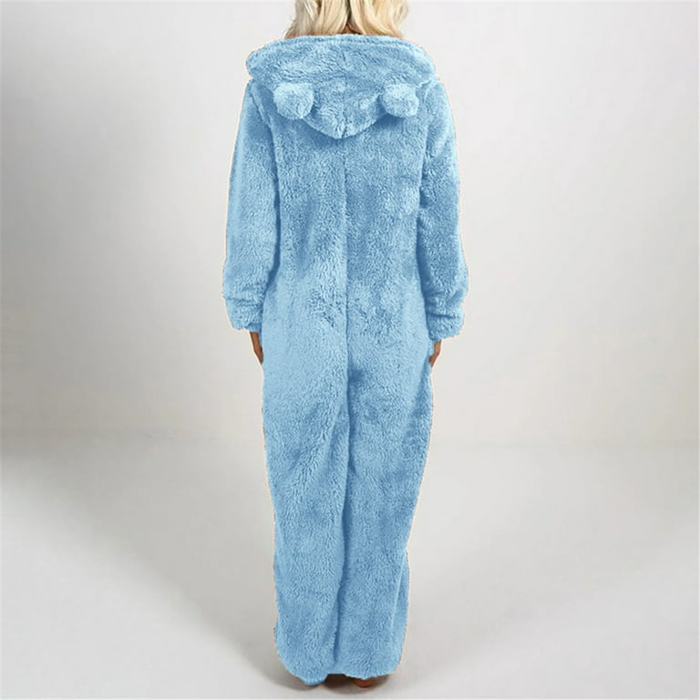 Ydkzymd Womens Jumpsuits Pajamas Graphic Warm Womens Shapewear Bodysuit  With Pee Hole Long Sleeve Plus Size Winter Sherpa Fleece Lined Rompers  Zipper Plush Solid Color Hoodie Overalls Sky Blue L 