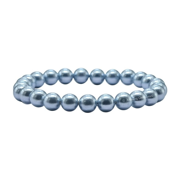 Light Blue Pearl Bracelet - 8mm Beaded Stretch Bracelet and Healing Stones