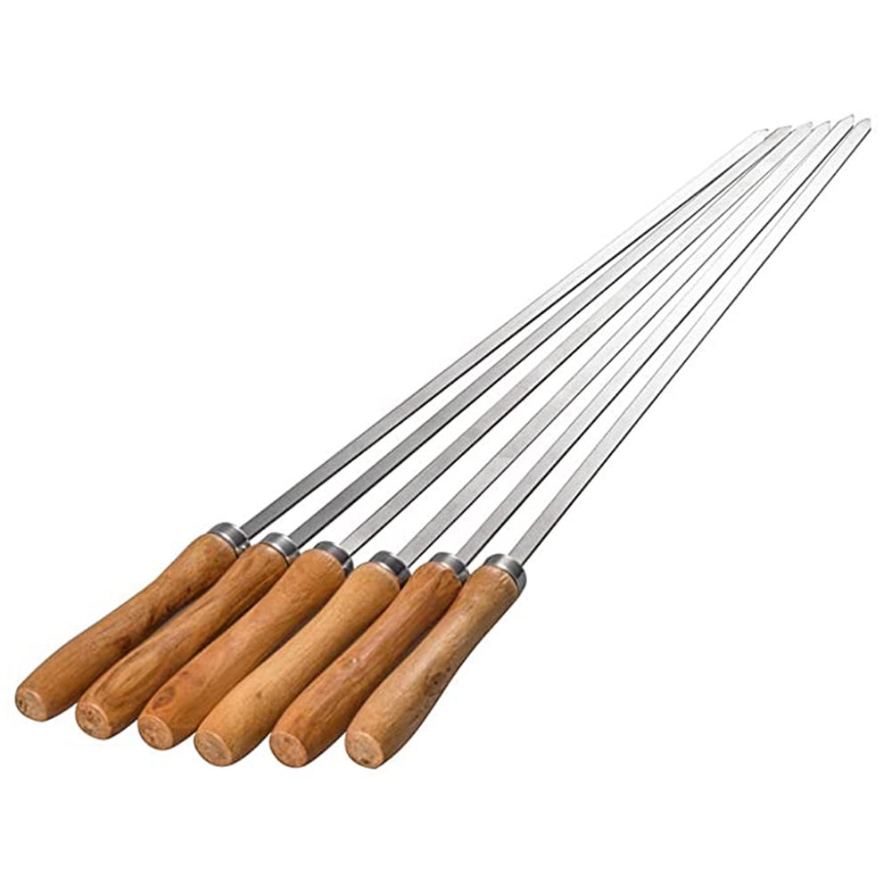 IMEEA Double Prongs BBQ Barbecue Shish Kebab Skewers Stainless Steel Wooden Handle 15 inch，6 Pieces