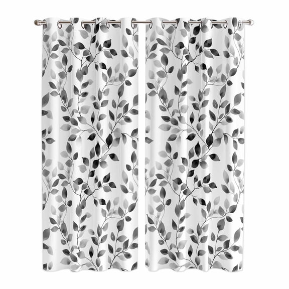 Kitchen Curtains 84 Inch Length 2 Panels, Black Eucalyptus Leaves Grommets Window Treatment Curtain, Summer Botanical Watercolor Retro Thermal Curtains Drapes for Living Room/Bathroom