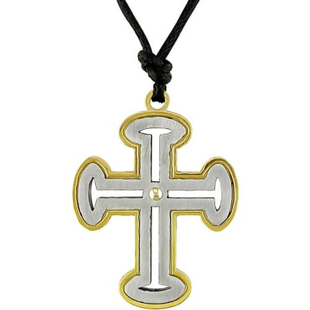 Italian Two Tone Yellow and White Stainless Steel Open Cross on Black Cord Pendant