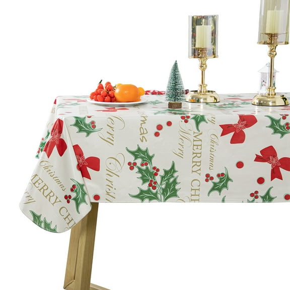 Ray Star Vinyl Christmas Tablecloth Rectangle 52x90 inch with Flannel Backed for 4 Foot Tables, Plastic Red and Green, Waterproof and Oilproof