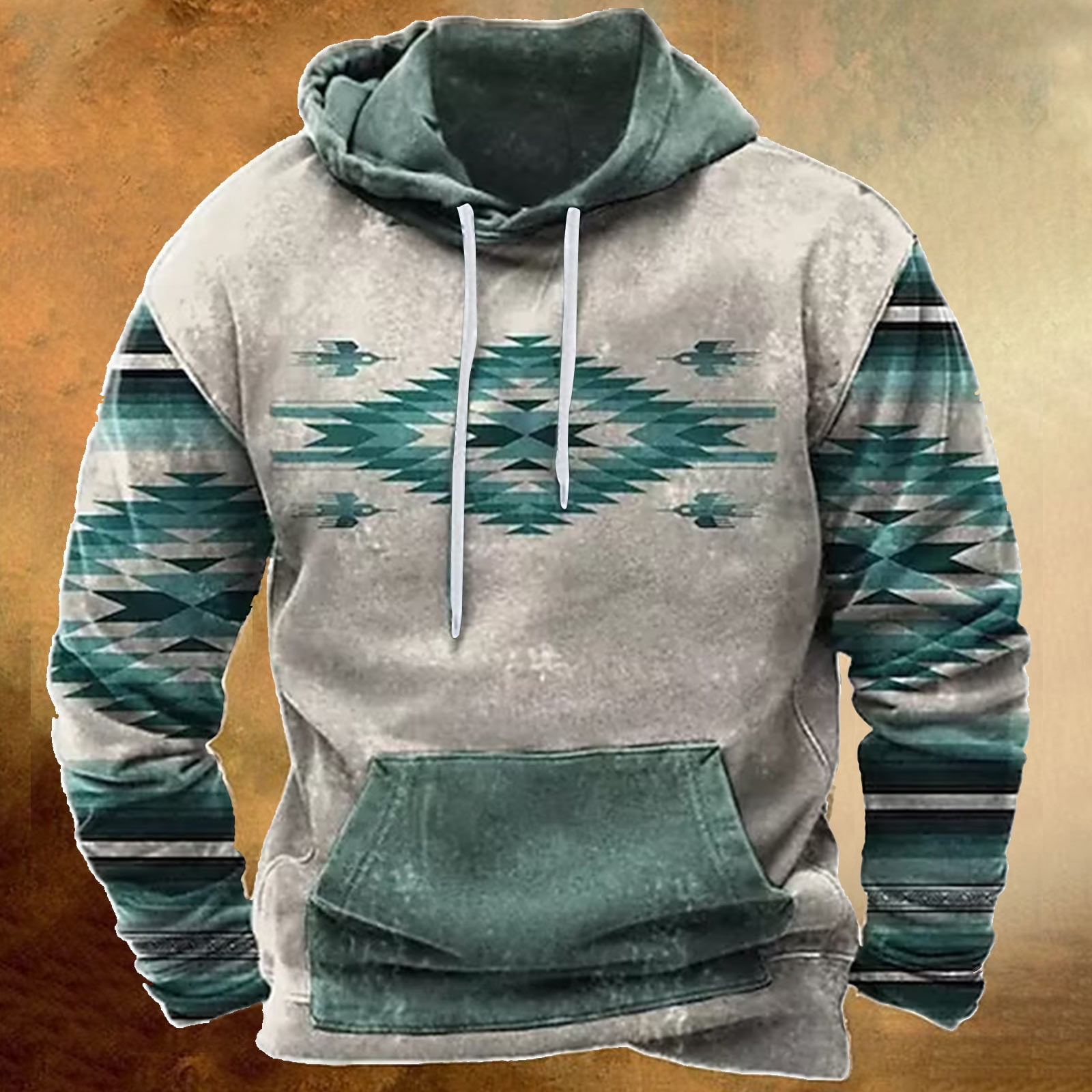 ZCFZJW Mens Western Hoodie Sweatshirts Vintage Aztec Print Long Sleeve Hooded Pullover Tops Lightweight Trendy Pacthwork Warm Coat with Pockets Z09-Blue XXXL