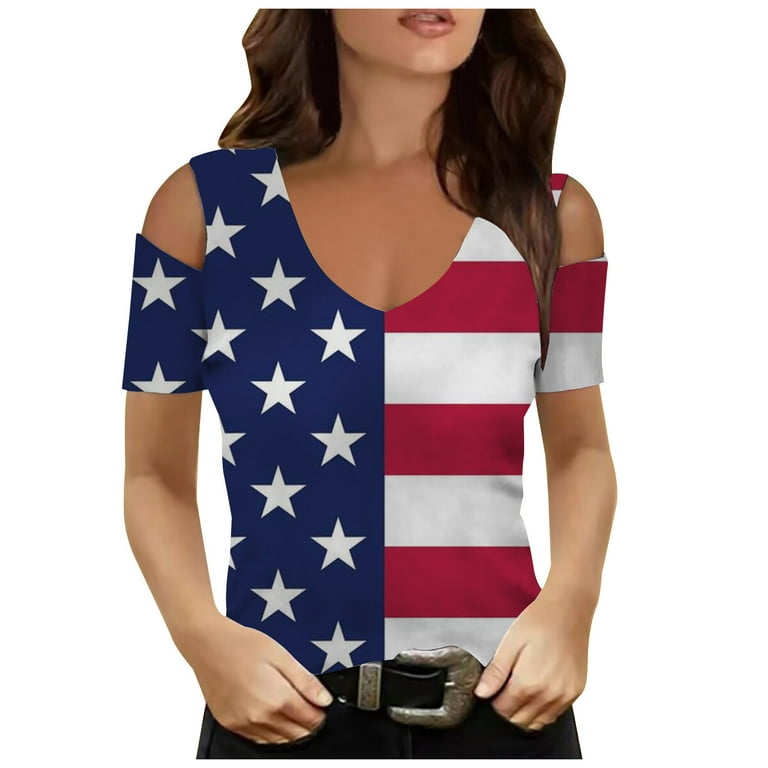 Oalirro American Flag Floral Shirts for Women 4th of July Off