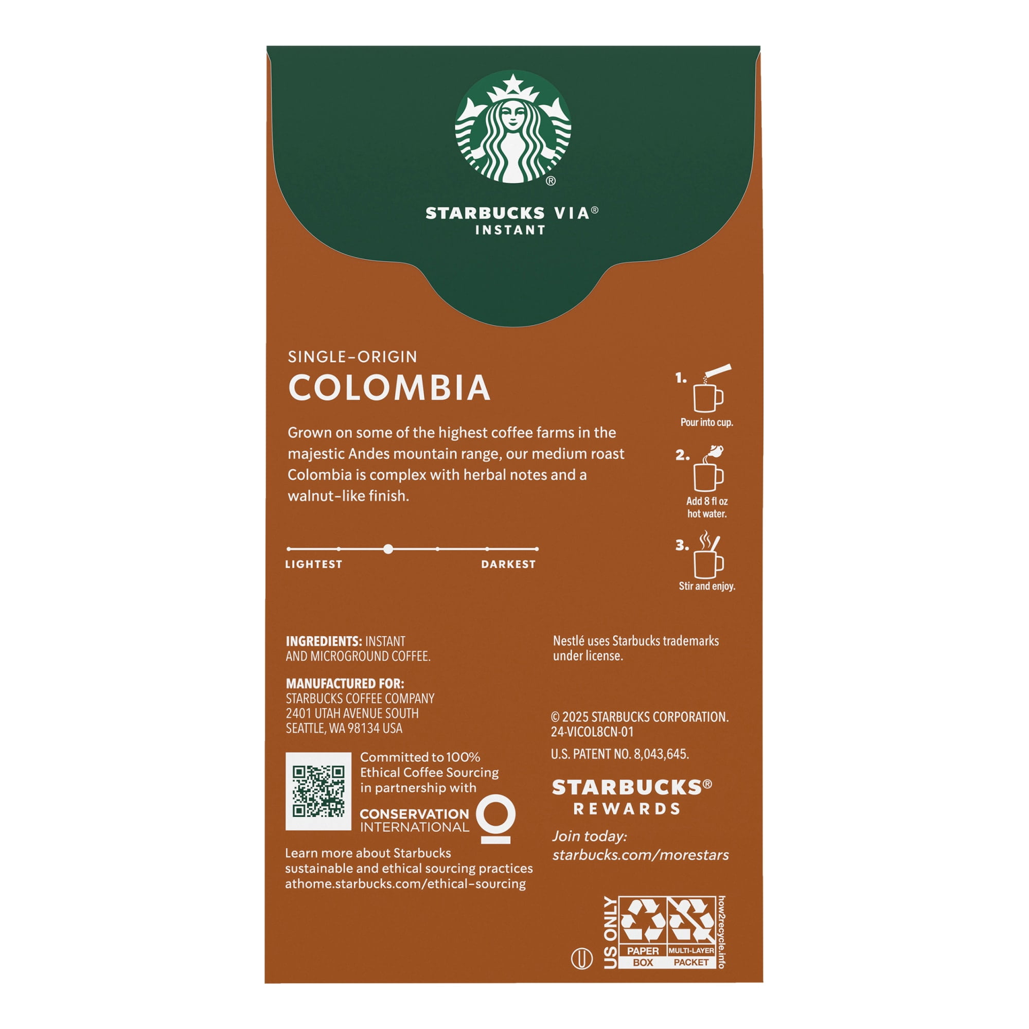 Starbucks VIA Instant Single-Origin Colombia, Instant Coffee, Medium Roast Coffee, 8 Packets