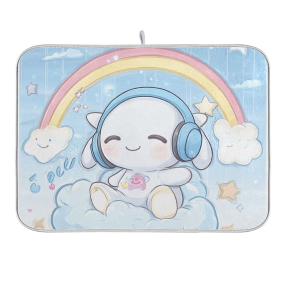 Lovely Rabbit Rainbow Clouds Stars Dish Drying Mat 16x18 Absorbent Microfiber Draining Rack Pad for Kitchen Counter Sink