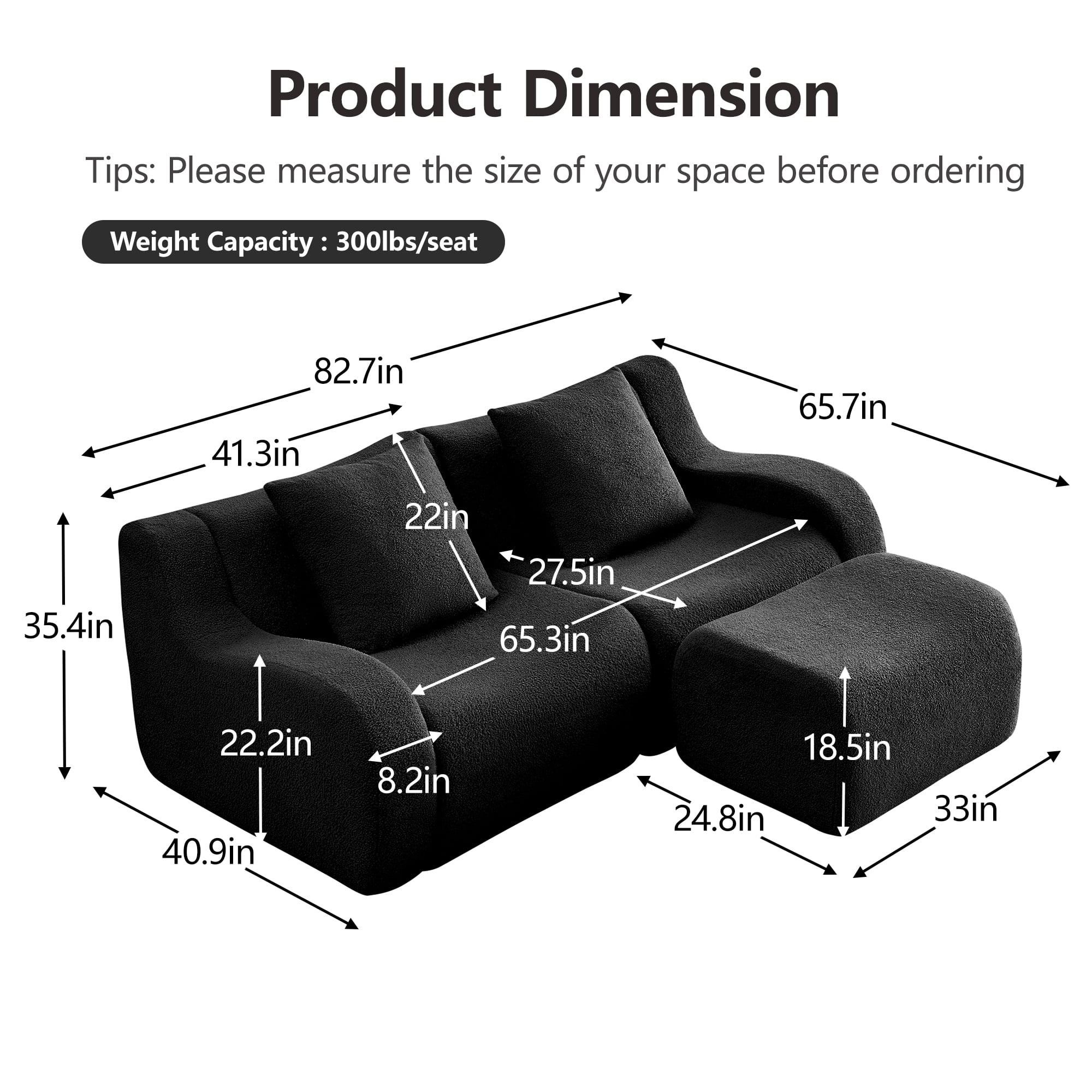 Alvantor Loveseat Sofa with Reversible Ottoman 83" W Teddy Boneless Couch Modern Deep Seat Cloud Loveseat for Living Room Black
