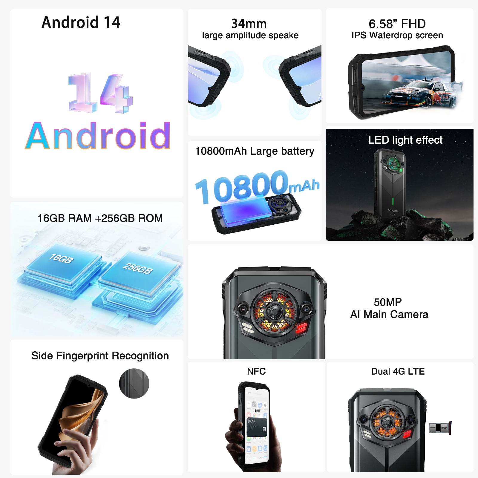 DOOGEE S Punk Rugged Smartphone Android Phone, 16GB+256GB/1TB, 10800mAh 33W Charging, Super Speaker, 50MP+16MP, 6.58" FHD+,IP68 Waterproof/LED Light/4G Dual SIM/NFC/OTG/Face/Fingerprint Unlock