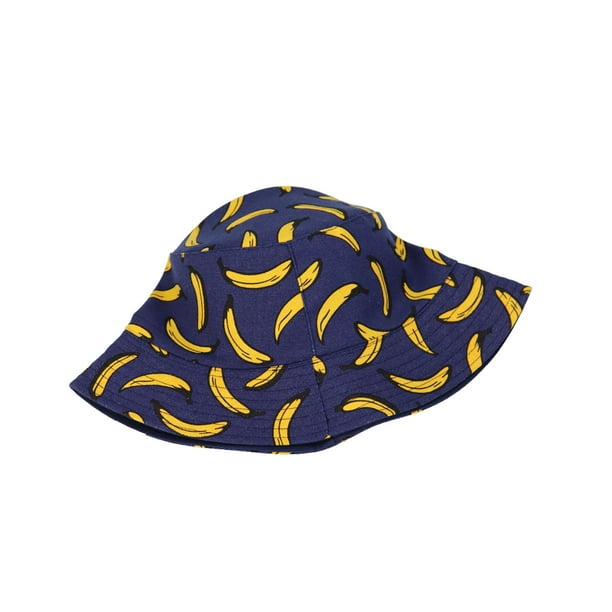 Jumpingount Sombrero de cubo Decoración de vestir femenina Estilo simple Sombreros para adultos Patrón de frutas de verano Parasol Sombreros de pescador Sombreros Plátano azul marino 56-58cm Jumpingount AP011570-03
