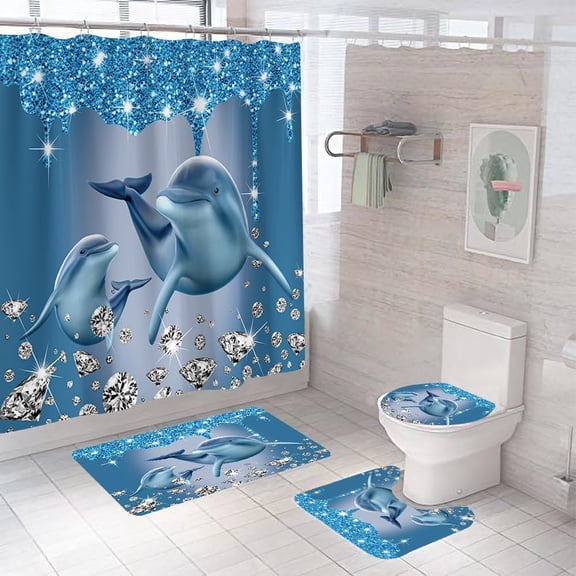 4PCS Blue Dual Dolphin Diamond Shower Curtain Sets Bathroom Set with Rugs, Toilet Lid Cover and Bath Mat, Shower Curtain with 12 Hooks for Bathroom Decor Set