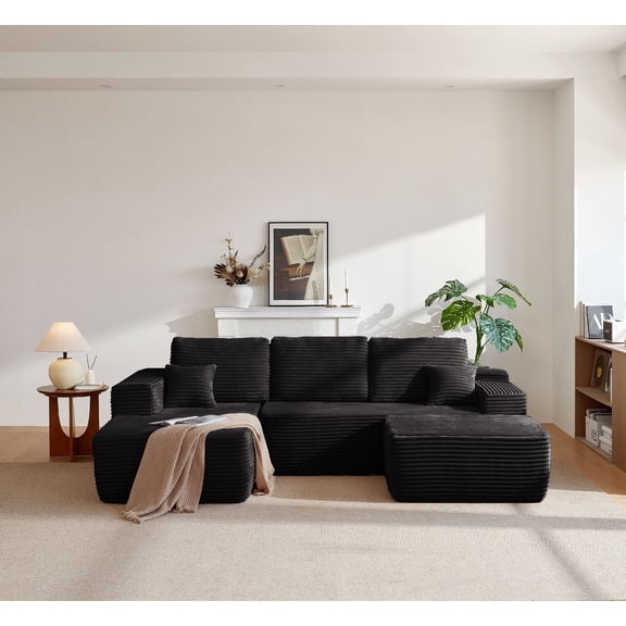104" Sofa Couch with U-Shape Chaise,Cloud Sectional Modern Modular Sofa Couchs with Side Pockets and Deep Seating, Upholstered Couches for Living Room,Aprtment,No Assembly Required,Black