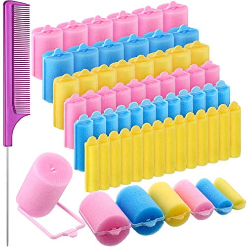 56 Pcs Foam Sponge Hair Rollers 6 Sizes Soft Sleeping Curlers Flexible Sponge Curler Tool Rat Tail Comb for Long Short Hair Styling(Mixed Color)