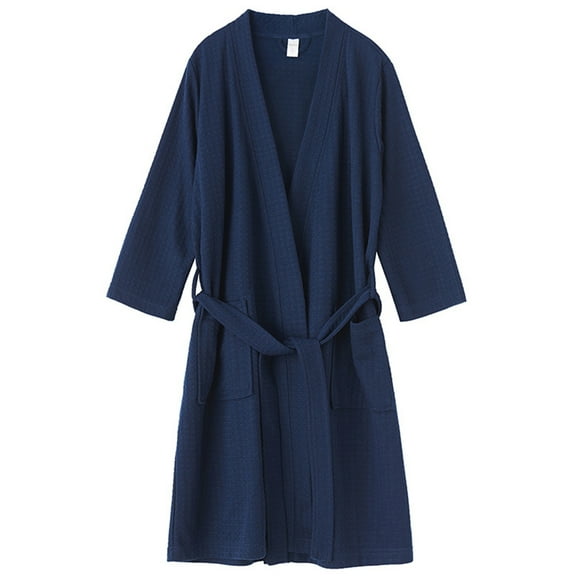 Defitshape Men's Waffle Robe Kimono Spa Bathrobe Short Soft Knee Length Lightweight Light with Pockets Bath Robe Shower Pool Summer House Lounge Sleepwear Thin 3/4 Sleeve Navy XX-Small