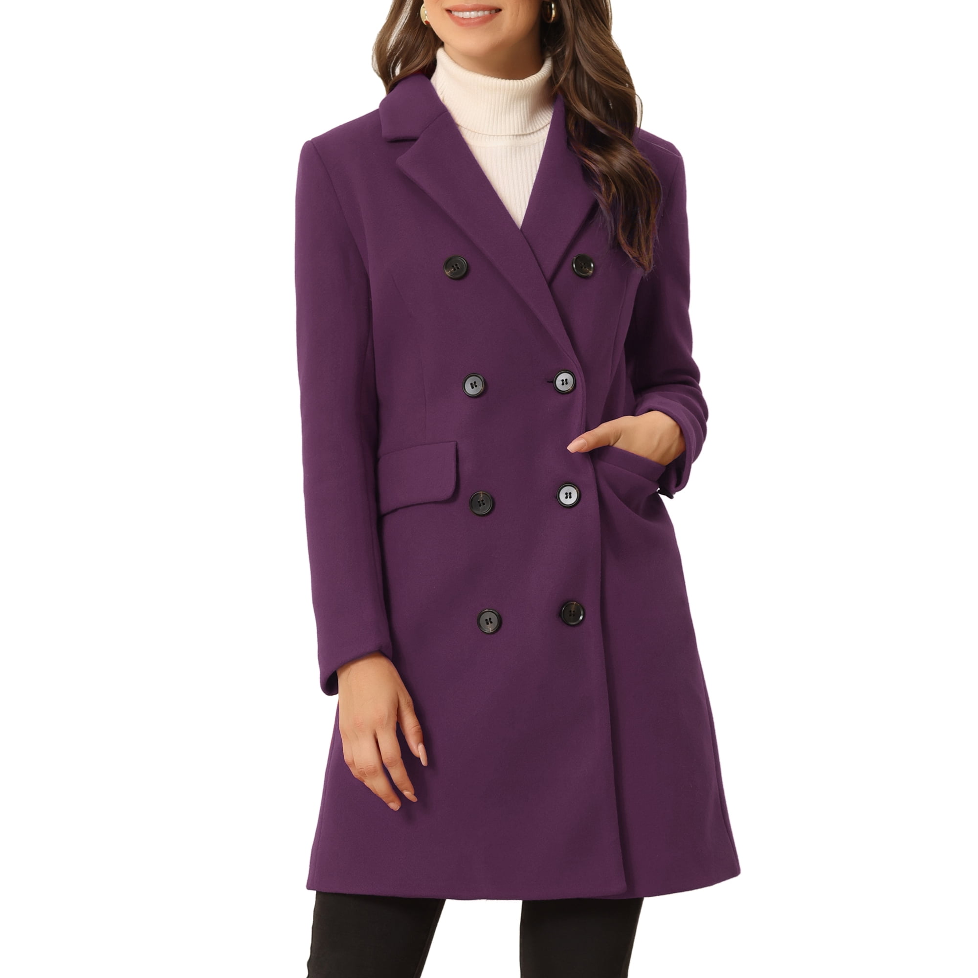 Women's Long Jacket Notched Lapel Double Breasted Trench Coat Dark