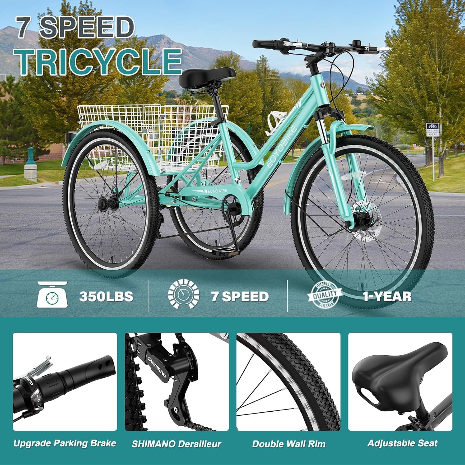 Lilypelle Mountain Tricycle for Adults, MTB 7 Speed Three Wheel Bike, 24/26/27.5 Inch Adults Trikes w/ Disc Brake & Cargo Basket for Women, Men, Seniors