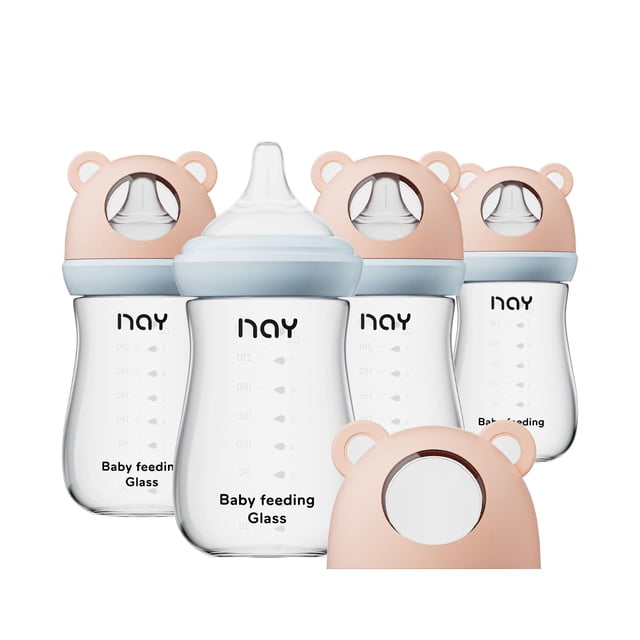 Set de 4 Biberones de Vidrio Natural yanyoyo para Bebés Amamantados, 240 ml con Tetina Natural (M), Transparente, Cuello Ancho, para Mayores de 3 Meses