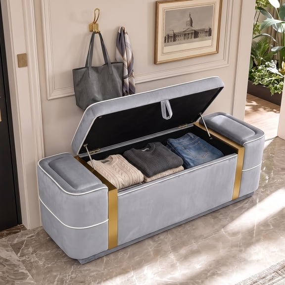 Euroco 47.2" Storage Ottoman Bench,Upholstered End of Bed Bench with Seating, Entryway Bench for Living Room Bedroom,Grey