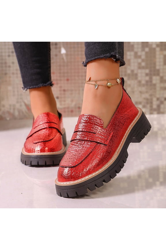 Red Platform Loafers for Women - Vintage-Inspired Chunky Sole, Comfortable Easy-Care Textured PU Slip-On Shoes with Treaded Sole for Daily Office Campus,Size 39