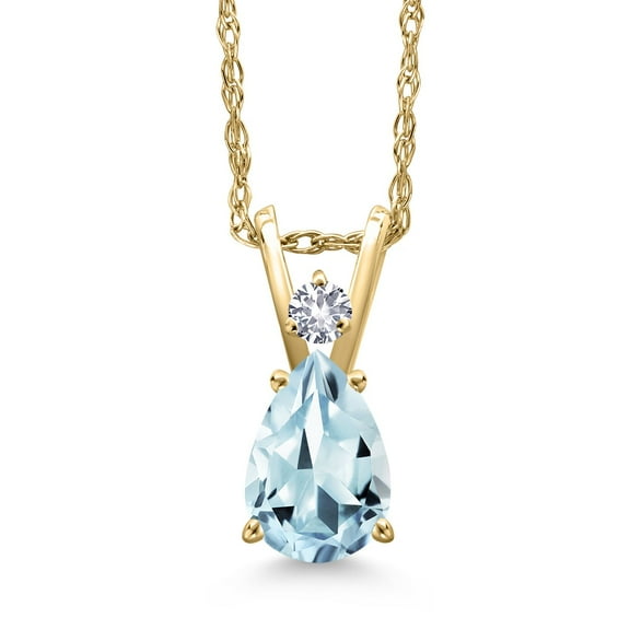 Gem Stone King 14K Yellow Gold Sky Blue Aquamarine and White Created Sapphire Pendant Necklace for Women | 0.68 Cttw | Gemstone March Birthstone | Pear Shape 7X5MM | With 18 inch Chain