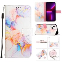 Crossbody Wallet Case for iPhone 14, Marble Pattern Luxury PU Leather Detachable Shoulder Strap Lanyard Magnetic Clasp Flip Cover with Card Slots Holder Kickstand Case, White Marble