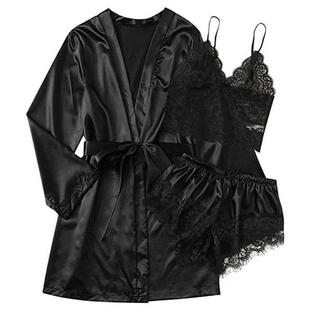 

Pajamas For Women 3PCS Satin Silk Pajamas Nightdress Robes Underwear Sleepwear Set Womens Pajama Sets Womens Fall Fashion 2022
