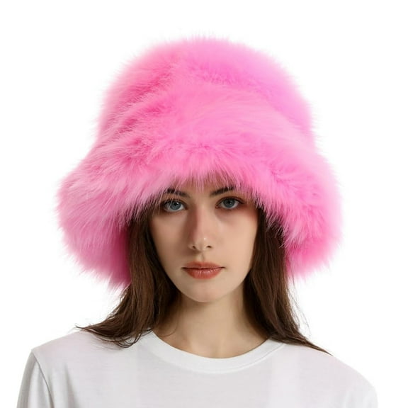 2PCS Fuzzy Bucket Hat Fashion Warm Winter Fluffy Furry Plush Faux Hats Fishing for Women 2024
