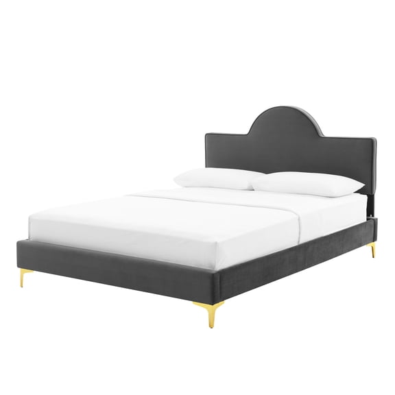 Platform Bed Frame, King Size, Charcoal Grey Gray, Velvet, Modern Contemporary, Bedroom Master Guest Suite Room