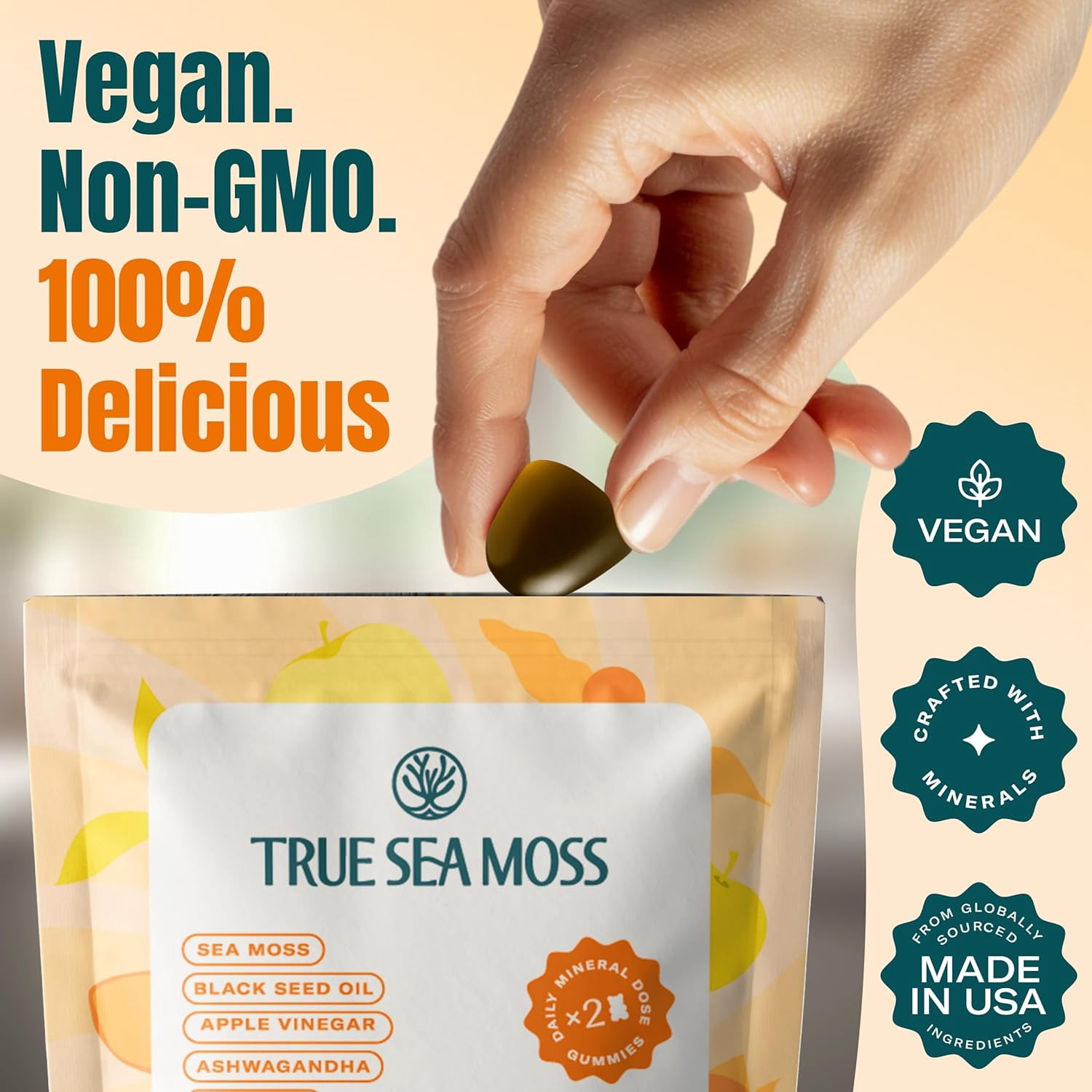 Sea Moss & Apple Cider Vinegar Gummies – 10-In-1 Herbal Formula with Black Seed Oil, Ashwagandha, Turmeric, Bladderwrack, Burdock Root, Dandelion – Natural Apple Flavor – 60 ct – Made in the USA