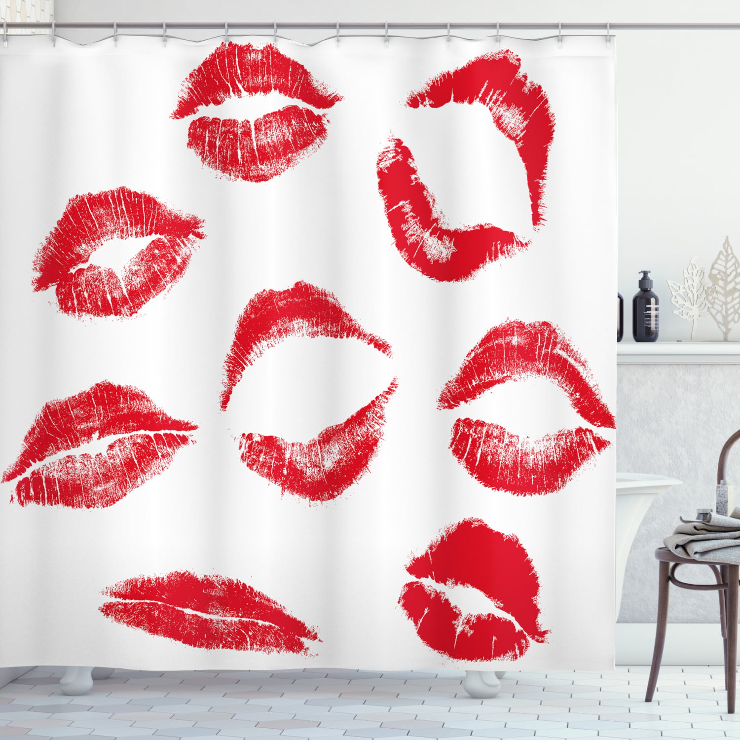 Kiss Shower Curtain, Various Different Kiss Marks in Red Woman ...
