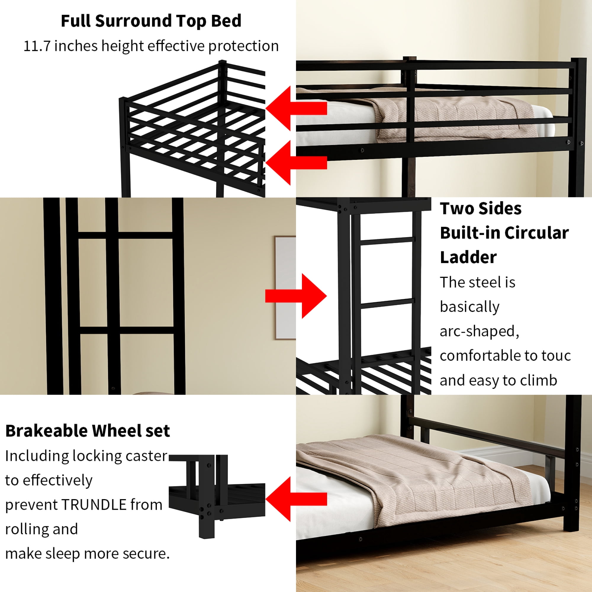 Twin over Twin Bunk Bed,Heavy-duty Metal Bunk Bed with Ladders & Guardrail,Noise Reduced/ Safety Guardrail/No Box Spring Needed,Black