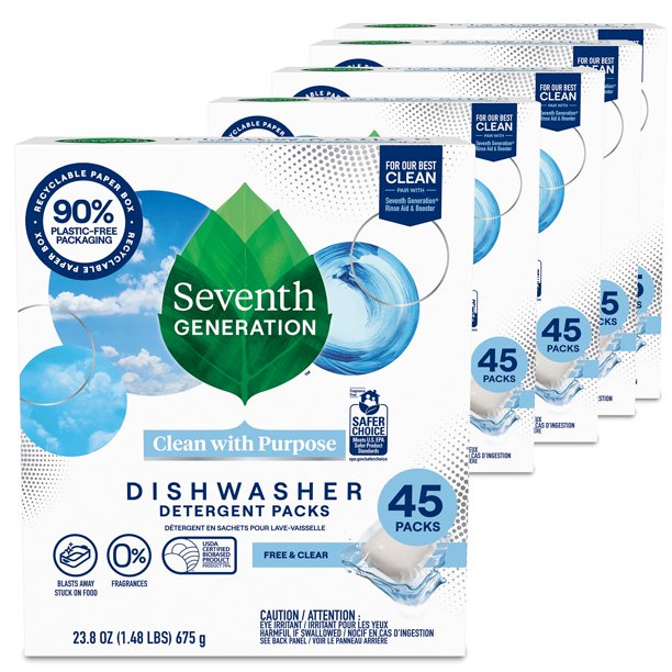 Paquetes de detergente para lavavajillas Seventh Generation x5, 45 tabletas