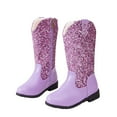 thumbnail image 4 of Hessimy Girls Knee High Boots Mid-Calf Solid Color Flat Heel Slouch Boots Cowgirl Boots for Girls motorcycle boots (Purple,12.5), 4 of 9