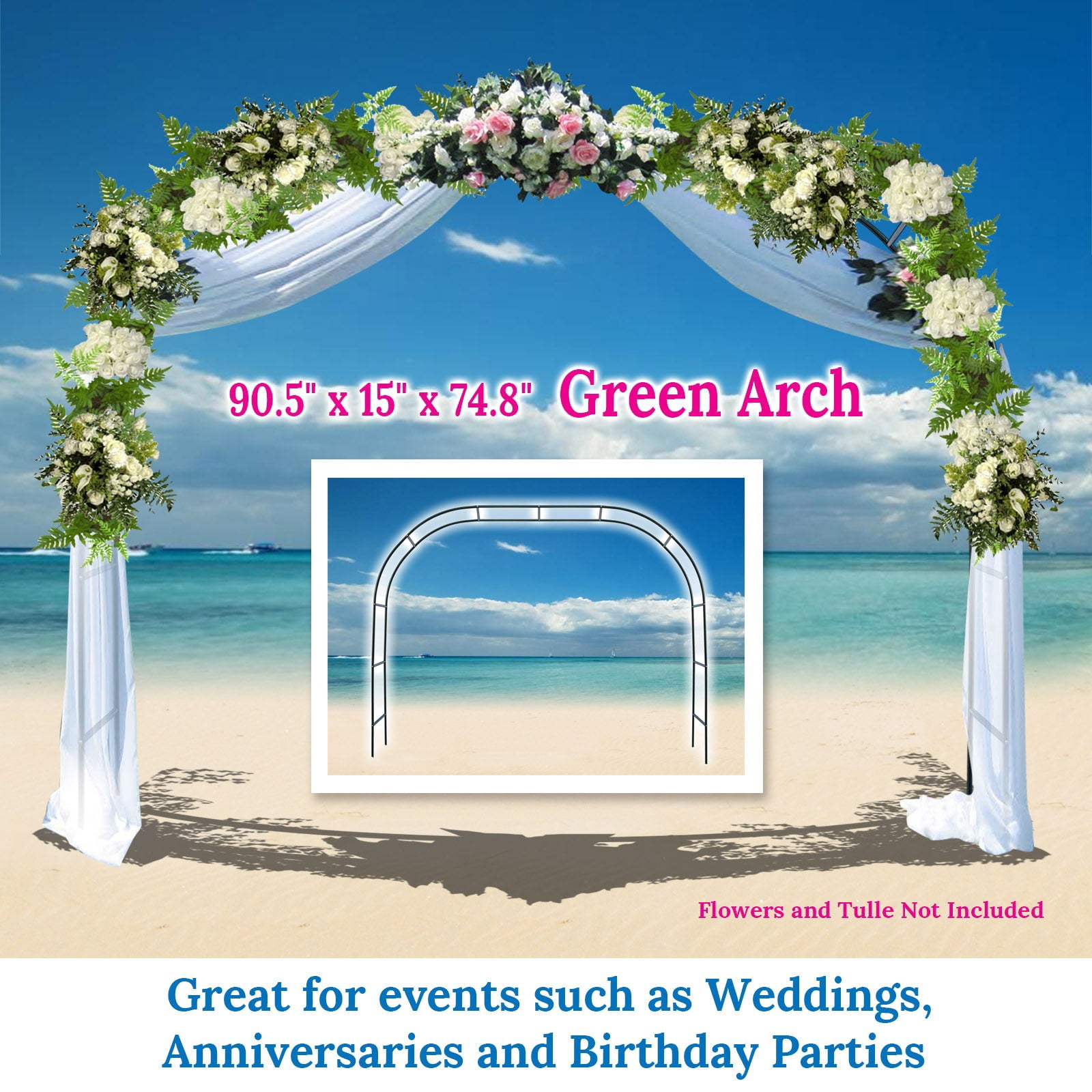 SUNNYOUTDOOR Metal Garden Arch Trellises Climbing Frame Wedding Arch Garden Arbor Outdoor Wedding Party Decoration Arbor, 90.5" W x 15" D x 74.8" H
