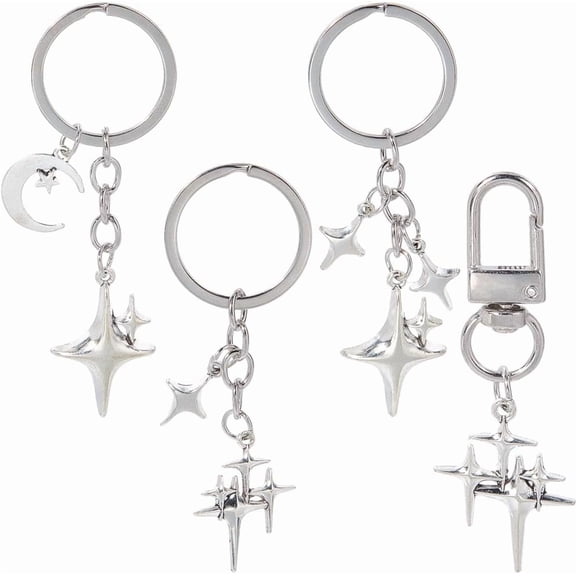 1 Box 4Pcs 4 Styles Star Charm Key Chain Silver Moon Keychain Metal Alloy Stars Aesthetic Car Keys Holder Decorative Chain Clasp Keyrings for Purse Handbag Backpack Cellphone Accessories for DIY