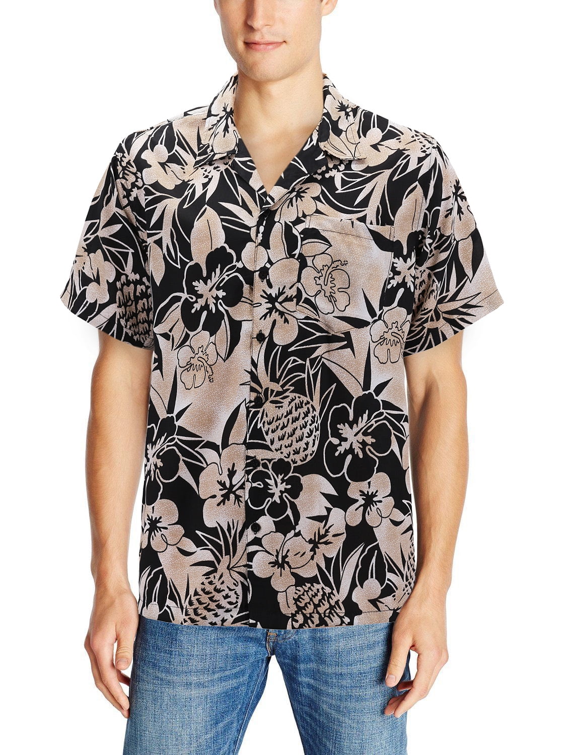 Men's Casual Tropical Hawaiian Luau Aloha Revere Beach Button Up Dress Shirt (H1801Black, M