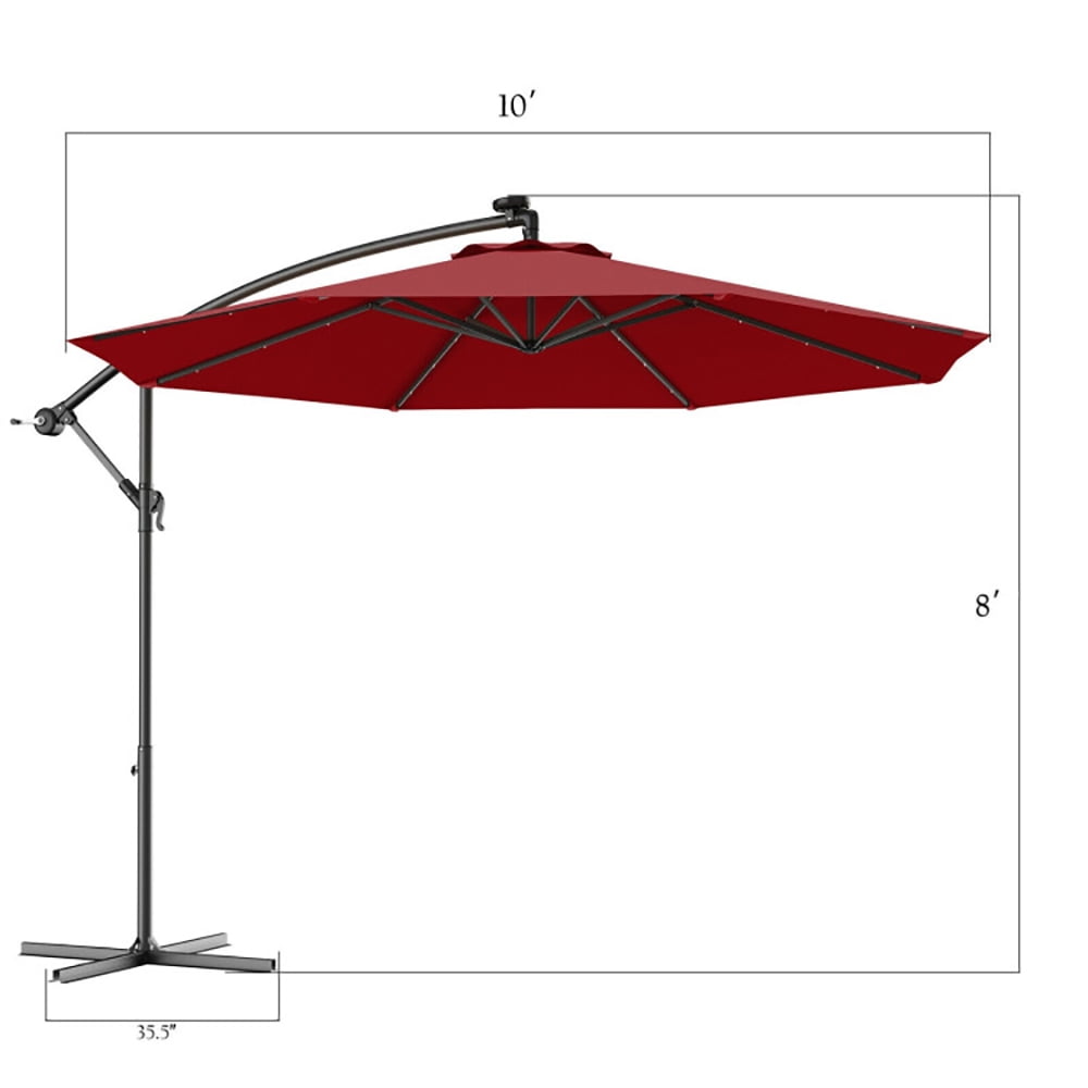 Aimee Lii 10 Feet Patio Hanging Solar LED Umbrella Sun Shade with Cross Base, Table Umbrella Outdoor Patio, Dark Red