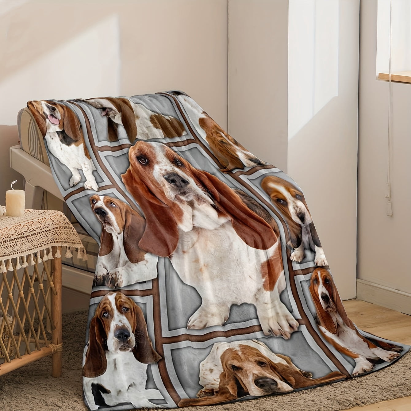 Reversible Basset Hound Flannel Throw Blanket - All-Season Cozy Knitted Blanket with Realistic Dog Print, 100% Polyester, Machine Washable, Red & White Design, Perfect for Home or Travel