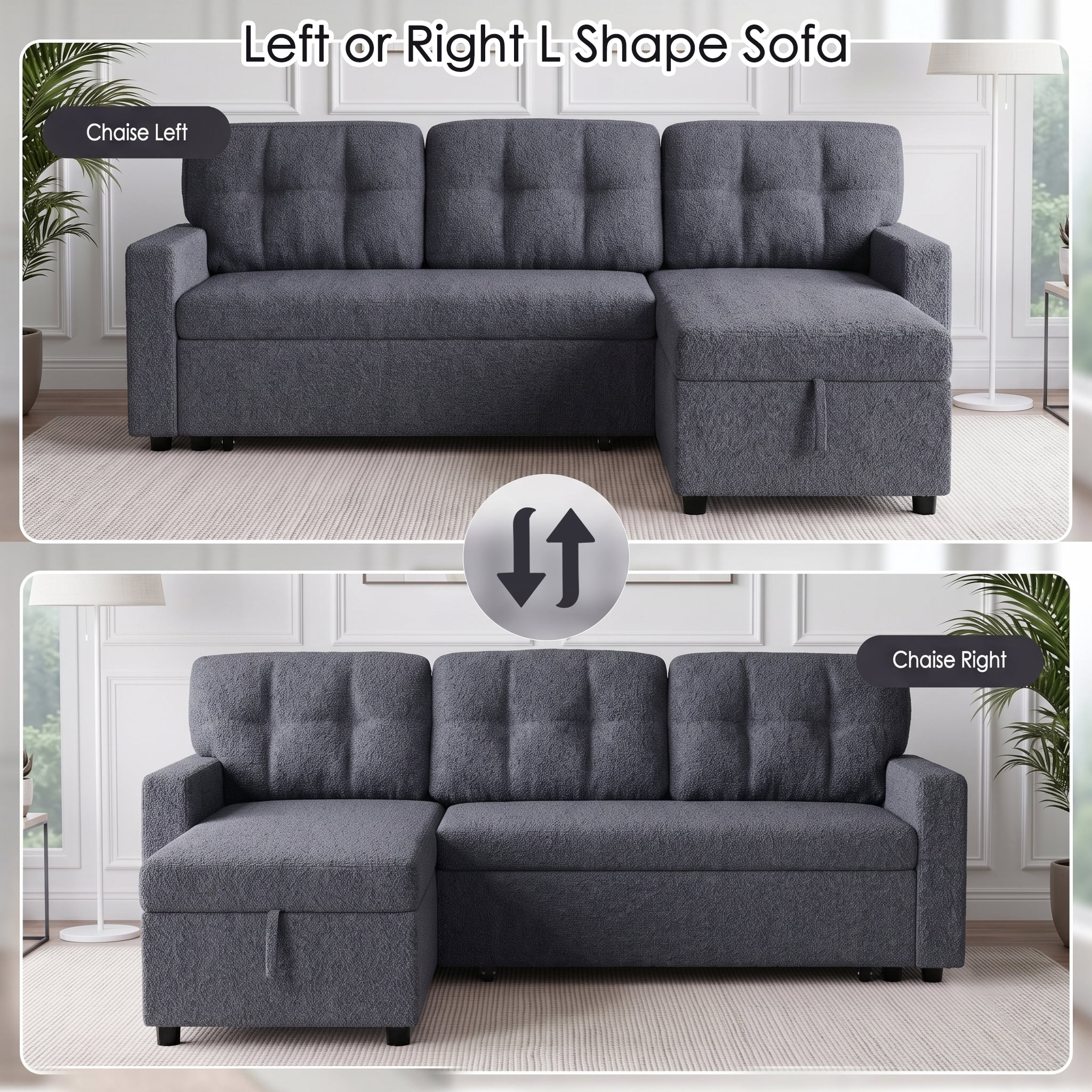 avobird 82" L Shaped Sleeper Sofa Bed, 3-Seat Convertible Sectional Couches with Storage Chaise, Terry Cloth Pull Out Couch for Living Rooms, Apartment, Dark Gray