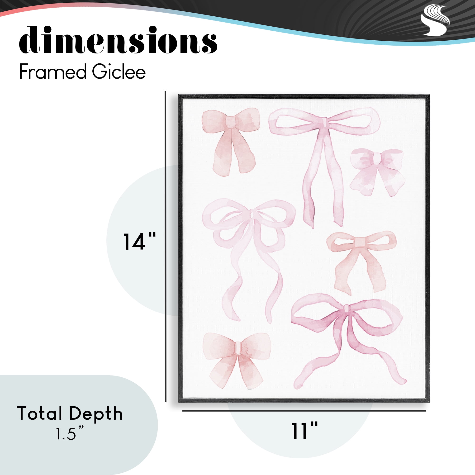 Pink Watercolor Bows Black Framed Giclee Art, design by Kim Allen