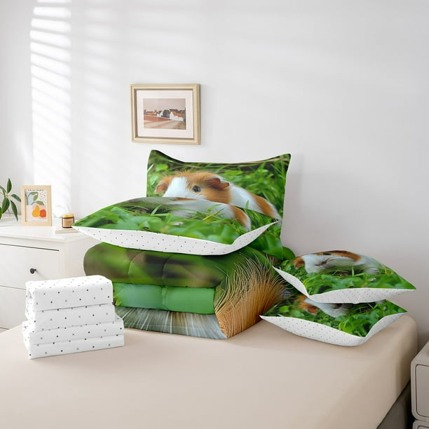 YST Hamster Bedding Sets 3D Cute Animal Quilt with Flat Fitted Sheet 7 Piece Full Kawaii Pet Mouse Bed In A Bag Nature Green Comforter Set