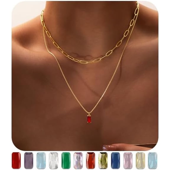 Dainty Birthstone Necklaces for Women Non Tarnish, Trendy Blue Green Cubic Zirconia Emerald Pendant Charm Necklaces Birthday Gifts for Women Waterproof Jewelry
