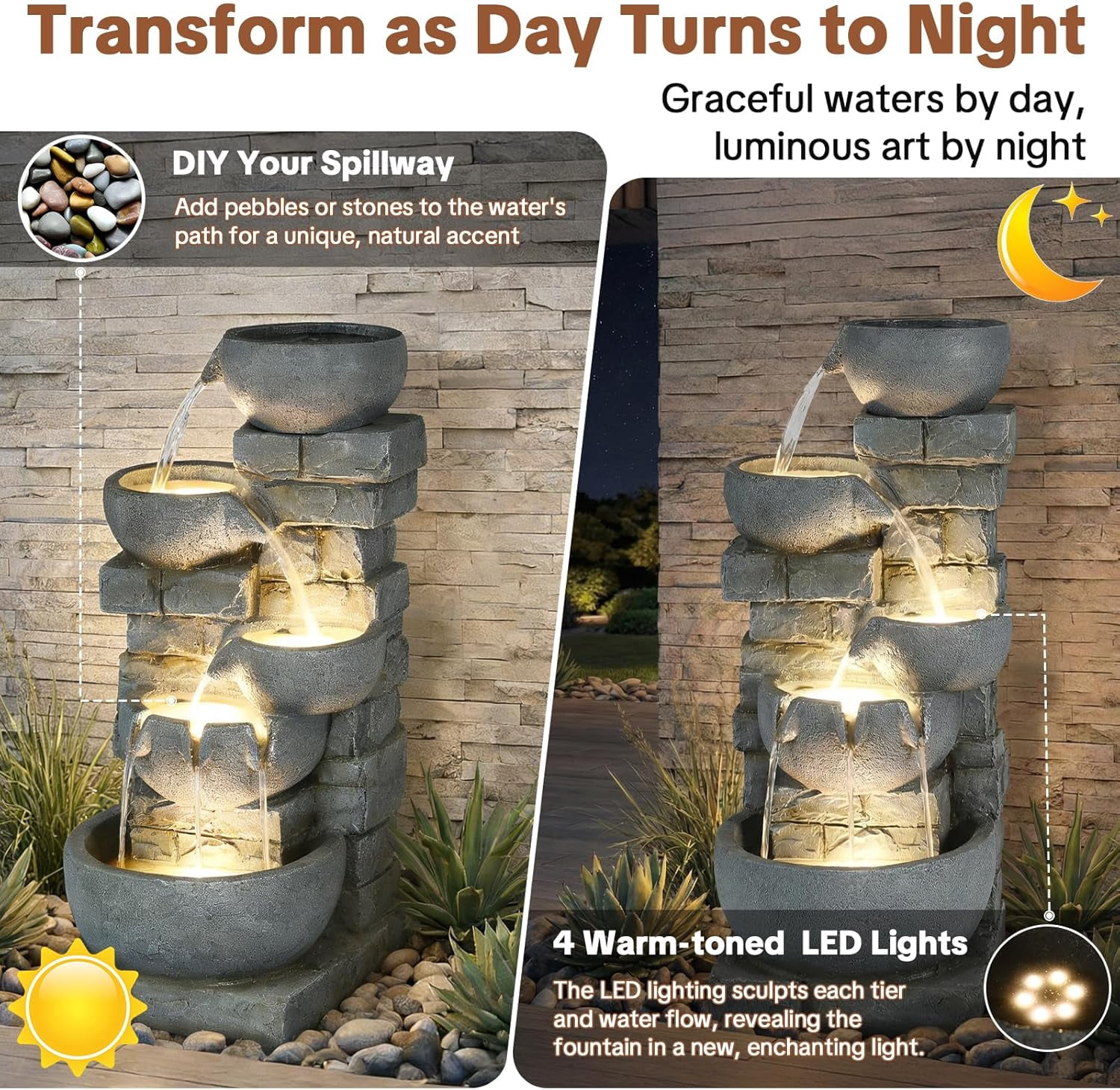 HOMEDIARY Modern 33" Tall Outdoor Water Fountain, Large 5-Tier Cascading Bowls Waterfall Fountain with LED Lights, Stone Texture Floor-Standing Resin Water Feature for Deck, Patio, Backyard & Indoor