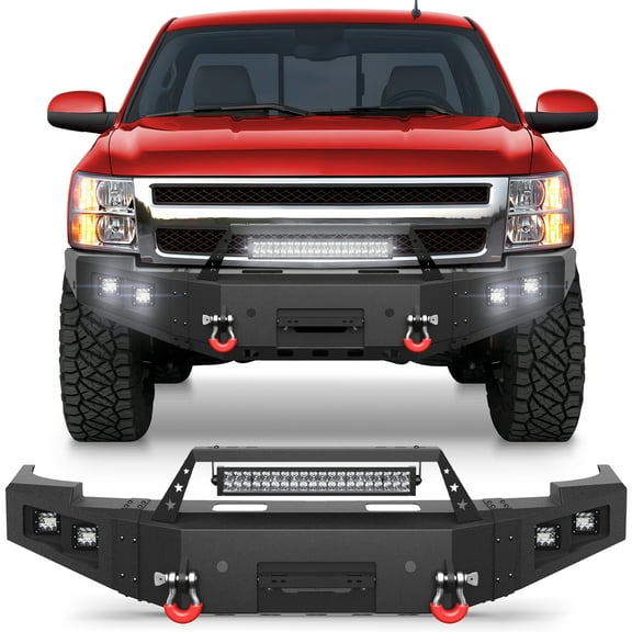 POFENZE Front Bumper for 2007-2013 Chevy Silverado 1500 Robust Offroad Bumper with LED Light and D-Ring for Pickup Trucks