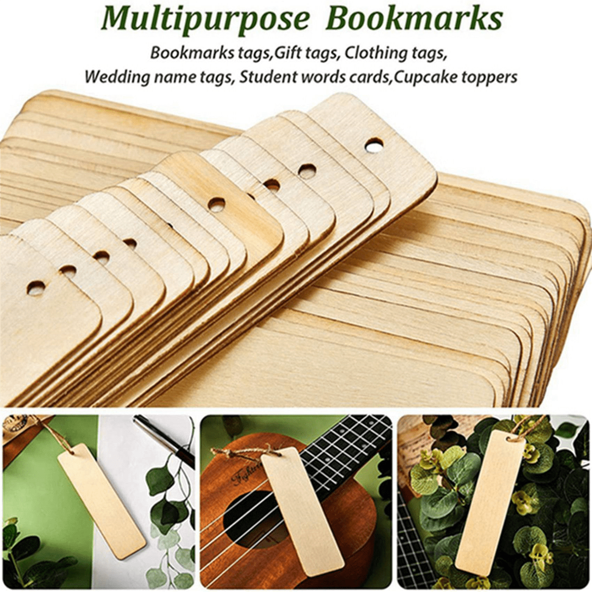 300Pcs Wooden DIY Bookmark Blank Bookmarks with Ropes Wooden Book Markers Rectangle Thin Hanging Tag